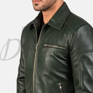 เสื้อแจ็คเก็ตหนังสีเขียวป่าสำหรับผู้ชาย หนังแกะแท้ ทรงเข้ารูป สำหรับฤดูใบไม้ร่วงและฤดูหนาว สไตล์ลำลอง แนวโมโตเรเซอร์ คอปกเสื้อเชิ้ต เสื้อคลุม - Product Image 2