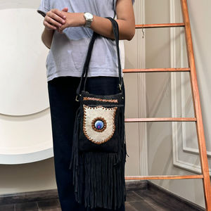 Sac à bandoulière en cuir suédé fait main Boho frange cuir de vachette femmes sac à main écologique en cuir véritable Hippie Chic sac perlé - Product Image 2