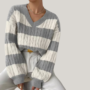 Pull tricoté décontracté pour femme, col en V, motif torsadé, rayé, épaules tombantes, manches longues, collection hiver - Product Image 1