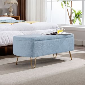 Modern Grey Faux Fur Entryway Bench Blue <b>Storage</b> Ottoman with Gold Legs for End of Bed Padded and Upholstered <b>Stool</b> & Ottoman - Product Image 3