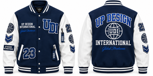 แจ็คเก็ตวาร์ซิตี้สีน้ำเงินกรมท่าแบบสั่งทำพิเศษ แขนเสื้อสีขาว ปักลายตัวอักษรแบบเบสบอล เสื้อแจ็คเก็ตบอมเบอร์สไตล์สตรีทแวร์ระดับพรีเมียมสำหรับวิทยาลัย - Product Image 3