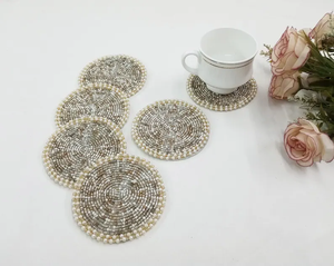 Handmade white and gold round <b>beaded</b> <b>coasters</b> - Set of 6 by whimsy art craft - Product Image 1