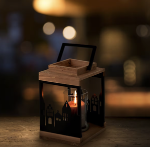 Wooden Top Metal Lantern With City Silhouette Design For Home Decoration - Product Image 5