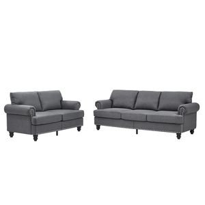 Divano Moderno Classico 2+3 Posti in Tessuto Grigio per Soggiorno, Rivestito in Poliestere con Design a Borchie - Product Image 3