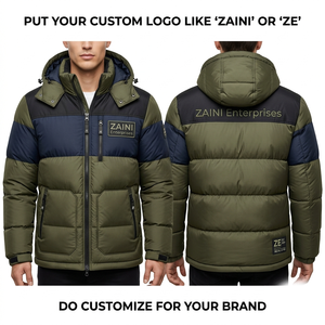 Premium 500gsm Polyester Hooded Waterproof Windproof Puffer <b>Jacket</b> Olive Navy Color Block Panel Camouflage Pattern <b>Men's</b> Winter - Product Image 1