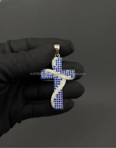 Bold Blue <b>Cross</b> <b>Pendant</b> with Moissanite Diamonds Luxury Streetwear Jewelry Piece - Product Image 1