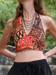 เสื้อครอปท็อปโบโฮทำมือสำหรับผู้หญิง ลายชนเผ่า สวมใส่ในเทศกาล ลายเรขาคณิตสไตล์ชาติพันธุ์ เสื้อคลุมฤดูร้อน - Product Image 1