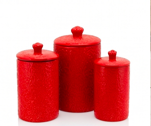 Conteneur de rangement de cuisine moderne en métal thermolaqué rouge avec un design élégant, parfait pour le stockage des légumineuses et des épices, et comme objet décoratif. - Product Image 1