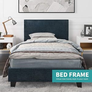 Letto matrimoniale imbottito in lino blu con testiera illuminata, doghe in legno, struttura in metallo, base per materasso inclusa - Product Image 2