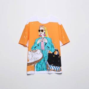 Camiseta estampada para mujer con gráfico de chica de verano, corte holgado, cuello redondo, manga corta, top informal de algodón - Product Image 4