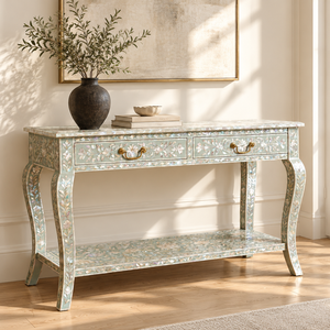 Mesa consola de lujo hecha a mano para recibidor, mueble tradicional de la Rajastán con incrustaciones de hueso, diseño de mesa consola con incrustaciones de nácar. - Product Image 1