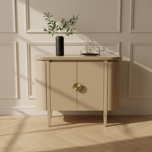 Armoire de rangement moderne en MDF de chêne avec côtés incurvés et console arrondie, buffet compact, couleur beige écologique - Product Image 5