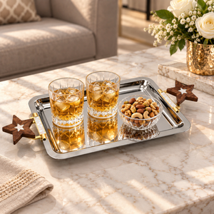 <b>Silver</b> Star Handle Serving <b>Tray</b> in Stainless Steel for Snacks <b>Drinks</b> Sweets | Rectangular Decorative Platter for Home Party Uses - Product Image 4