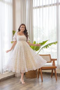 Robe midi à imprimé floral, col bijou, manches 3/4, coupe évasée, tissée, décontractée, pour femme, respirante, coupe ample, avec poches - Product Image 5