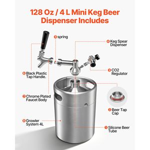 Sistema de dispensación de cerveza presurizado tipo mini barril de 128 oz, kit de cerveza de acero inoxidable 304 con regulador de CO2 y grifo de cierre automático - Product Image 3
