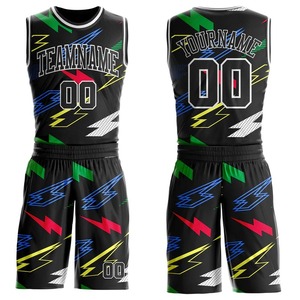 Conjunto de Uniforme de Baloncesto Sublimado Personalizado, Unisex para Adultos, Diseño de Rayos Negros, Nombre del Equipo, Número 00, Malla Transpirable, Corte Atlético - Product Image 1