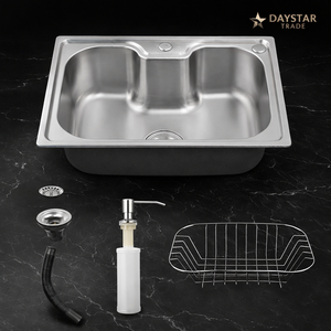 Évier de cuisine Daystar Trade moderne en acier inoxydable à cuve unique, à encastrer sous plan, surface brossée, robinet argenté, fait main, épaisseur 0,6 mm - Product Image 3