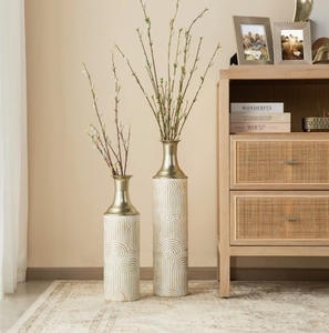Juego de 2 Jarrones Decorativos Altos para Piso - Jarrón Metálico Moderno con Patrón Arqueado y Cuello Dorado para Decoración de Sala de Estar, Entrada y Hogar - Product Image 3