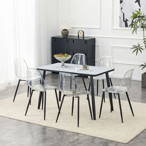 Set di Sedie da Pranzo con Piano in Vetro Effetto Marmo Bianco, Base in MDF e 6 Sedie con Gambe in Metallo Nero Trasparente - Product Image 3