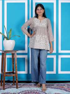 Premium Women Taupe Embroidered Cotton Blend Tunic <b>Top</b> Three Quarter Sleeve Ethnic Casual Peplum Style Designer <b>Top</b> - Product Image 4