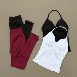Women Yoga Set 2PCS Seamless Yoga Set Halter Crop <b>Top</b> High Waist Leggings Women Gym Fitness <b>Peach</b> Butt Lifting Matching Set - Product Image 5