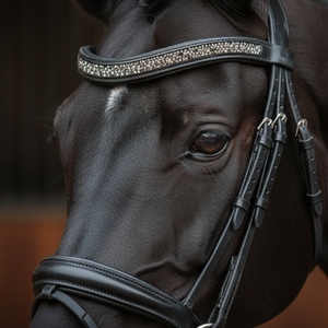Diadema de Cuero Negro de Lujo para Caballo con Cristales de Plata y Diamantes de Imitación |   Caja de embalaje acolchada curva para bridas ecuestres de tamaño personalizado - Product Image 1