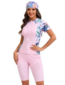 Maillot de bain deux pièces pour femme à manches courtes, imprimé palmiers tropicaux, haut zippé et short de protection solaire - Product Image 1