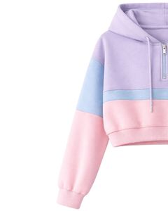 Ensemble décontracté deux pièces pour femme : crop top zippé à capuche et short, imprimé papillon, color block lavande, rose et bleu, en polyester et coton - Product Image 3