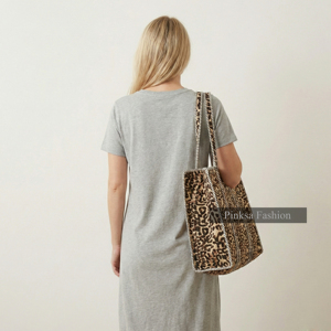Grand sac fourre-tout matelassé en coton à imprimé léopard pour femme, réutilisable, sac de plage, sac de voyage écologique, grande capacité, été - Product Image 5