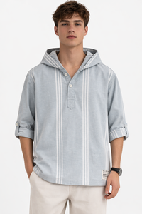 Camisa con capucha a rayas para hombre Coastal Breeze, mezcla de algodón ligera, informal, para verano, cómoda y con un estilo moderno. - Product Image 1