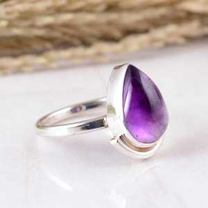 Dainty 925 Sterling Silver Purple Amethyst Pear Bezel Set Open <b>Ring</b> <b>Adjustable</b> Boho Hippie Wedding Party Handmade Artisan Unisex - Product Image 2