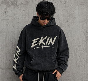 Customized DTG Printing <b>Reflective</b> Winter Embroidered Cotton 460gsm French Terry Acid Washed Men's Streetwear Vintage Oversized - Product Image 3