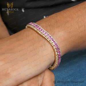 เพชรธรรมชาติทรงปรินเซสคัท พลอยไพลินสีชมพู สร้อยข้อมือทองคำ 14k เครื่องประดับชั้นดี สไตล์อาร์ตเดโค - Product Image 5