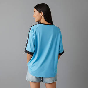 New Article Women's Oversized Blue T-Shirt With Black Stripe <b>Raglan</b> Sleeve Loose Fit O-Neck Knitted Spring Summer Wear - Product Image 3