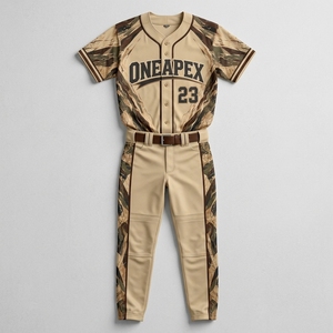 Ensemble uniforme de baseball camouflage personnalisé ONEAPEX – Maillot beige et marron avec pantalon assorti – Vêtements de sport en gros pour équipes – Fabricant par sublimation - Product Image 1