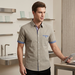 Camisa Casual de Manga Corta a Rayas para Hombre, Cuello Clásico, Tela Popelina Transpirable, Estilo Veraniego, Blanca, Holgada, con un Solo Botón, 140g - Product Image 4
