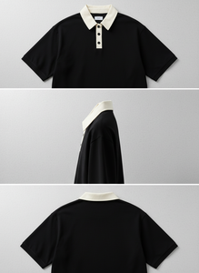 Polo de Manga Corta para Hombre, Talla Grande |   Negro con cuello blanco |   Top moderno de verano de corte holgado para uso diario - Product Image 4
