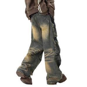 Pantalon cargo en jean décontracté coupe ample taille mi-haute pour homme, avec 6 poches avant et 2 poches arrière – Approvisionnement direct usine - Product Image 2