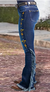 TRIBON SPORTS Jeans de mezclilla de mujer de cintura alta, pierna recta, sin elasticidad, corte regular, largo completo, casual, de verano, con logo en la cintura y efecto lavado a la piedra. - Product Image 3