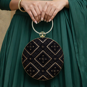 Bolso de Mano Redondo Negro Bordado, Bolso de Noche de Lujo para Bodas y Eventos para Mujer - Product Image 3