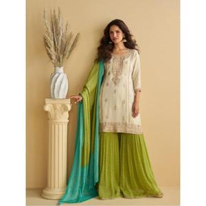 NOUVEAUTÉ : Ensemble Salwar Kameez 3 pièces ETHENIC WORLD avec pantalon et dupatta en soie chinon épaisse pour les fêtes - Product Image 1