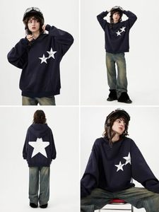 เสื้อฮู้ดโอเวอร์ไซส์ผู้ชาย ผ้าฝ้ายถัก 100% สีกรมท่าพิมพ์ลายดาวด้านหลัง สไตล์ลำลองใส่สบายสำหรับฤดูใบไม้ร่วง - Product Image 3