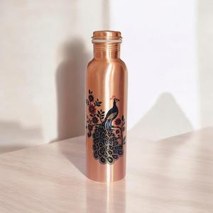 Bouteille d'eau en cuivre pur imprimée paon, faite à la main, ayurvédique, anti-fuite, écologique, réutilisable, bien-être - Product Image 6