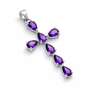 100% Natural Amethyst Cross Pendant Rhodium Plated Sterling Silver 7 <b>Stones</b> 45x18mm Pear Cut Minimalist <b>Memorial</b> Design Unisex - Product Image 2