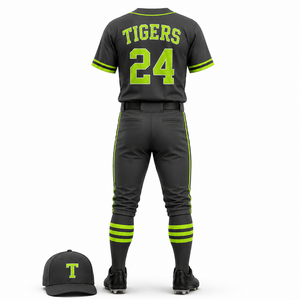 Ensemble uniforme de baseball Tigers noir avec accents vert fluo, maillot et pantalon sublimés, évacuation de l'humidité, coupe athlétique pour homme adulte - Product Image 3