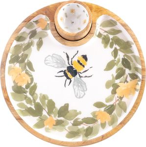 Bandeja de Madera para Servir con Tazón, Diseño Floral de Abejas, Plato Redondo de Madera para Decoración de Mesa de Comedor para Fiestas - Product Image 1