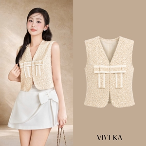 Gilet en tweed <span class=keywords><strong>crème</strong></span> à paillettes pour femme, sans manches, col en V, court, féminin, avec détail ruban, décontracté, pour fête, Noël, <span class=keywords><strong>NAOMI</strong></span> - Product Image 1