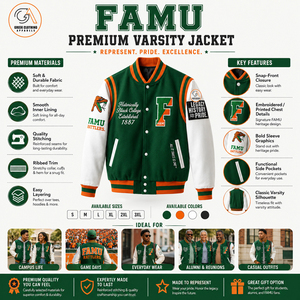 FAMU Custom Wholesale Unisex Green Orange Fleece Hooded Breathable Eco-Friendly Winter Varsity <b>Jacket</b> Vintage Embroidery - Product Image 5
