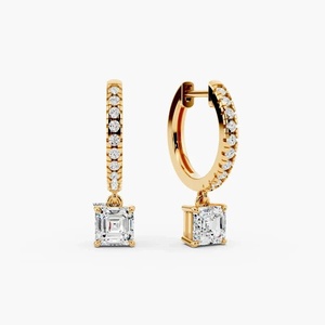 Asscher Cut Lab Grown Diamond Drop <b>Huggie</b> <b>Earrings</b> with Round Diamonds in 10K 14K 18K Gold 925 935 <b>Sterling</b> <b>Silver</b> - Product Image 2