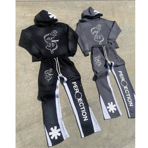 Ensemble sweat à capuche et pantalon de survêtement évasé 100 % coton, personnalisé par le fabricant, respirant, hiver, avec patch brodé effet vieilli, coupe courte et délavé à l'acide - Product Image 3